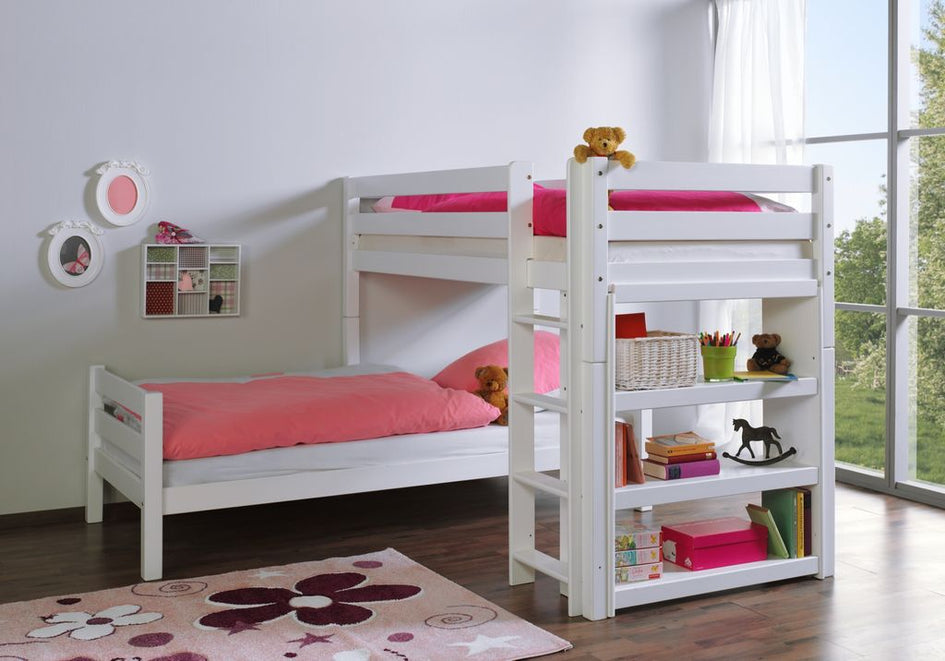 Etagenbett BENI L Kinderbett Spielbett Hochbett Bett Weiß Stoffset Blau/Boy - Froschkönig24