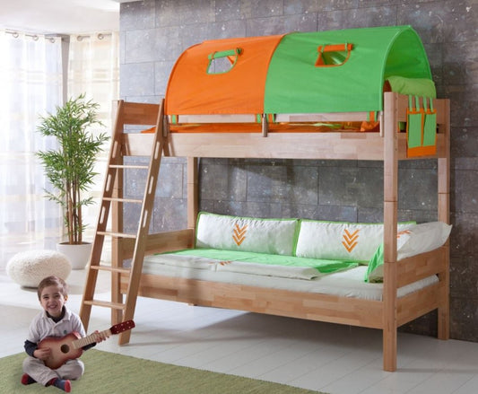 Etagenbett STEFAN Hochbett Stockbett Kinderzimmer Buche Stoffset Grün/Orange - Froschkönig24