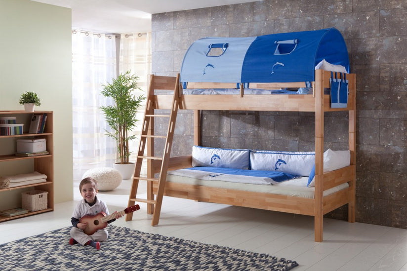 Etagenbett STEFAN Hochbett Stockbett Kinderzimmer Buche Stoffset Blau/Delfin - Froschkönig24