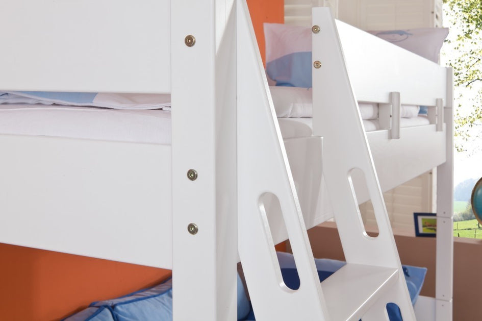 Etagenbett STEFAN Hochbett Stockbett Kinderzimmer Weiß Stoffset Blau/Delfin - Froschkönig24