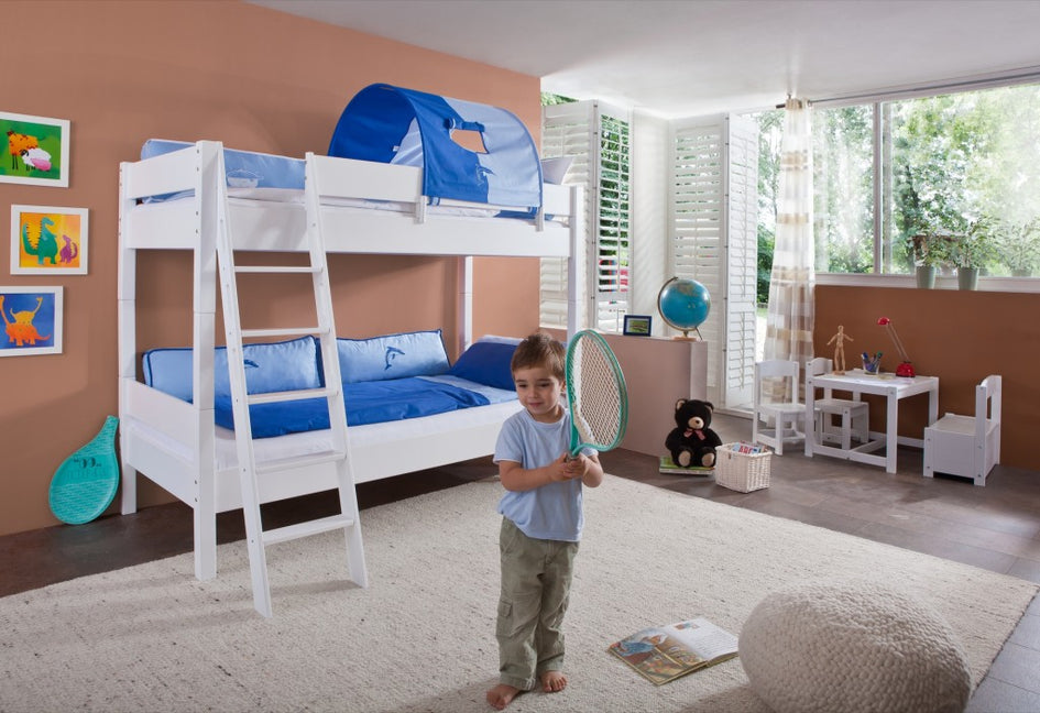 Etagenbett STEFAN Hochbett Stockbett Kinderzimmer Weiß Stoffset Blau/Delfin - Froschkönig24