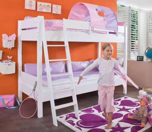 Etagenbett STEFAN Hochbett Stockbett Kinderzimmer Weiß Stoffset Lila/Rosa - Froschkönig24