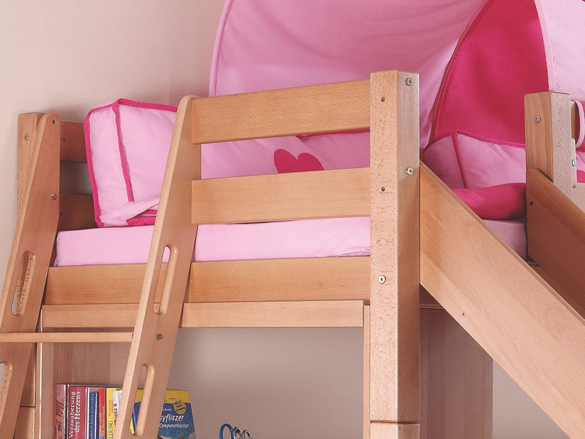 Etagenbett SKY Kinderbett mit Rutsche Spielbett Bett Natur Stoffset Blau/Rot - Froschkönig24