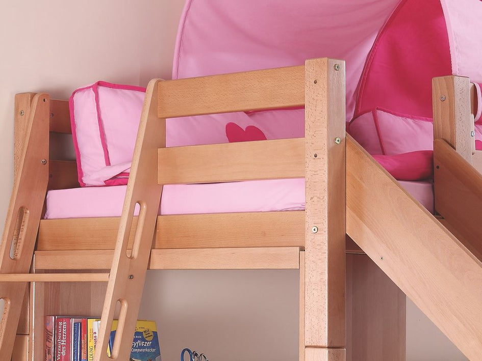 Etagenbett SKY Kinderbett mit Rutsche Spielbett Bett Natur Stoffset Pink/Herz - Froschkönig24