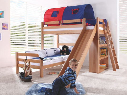 Etagenbett SKY Kinderbett mit Rutsche Spielbett Bett Natur Stoffset Blau/Rot - Froschkönig24