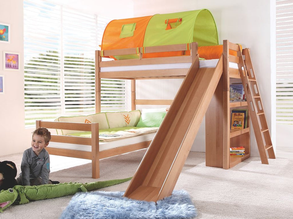 Etagenbett SKY Kinderbett mit Rutsche Spielbett Bett Natur Stoffset Grün/Orange - Froschkönig24