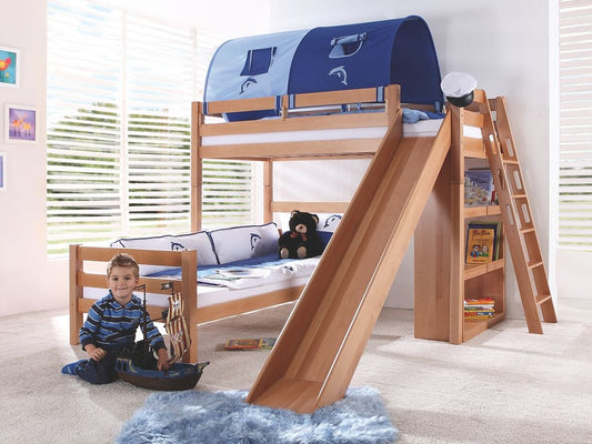 Etagenbett SKY Kinderbett mit Rutsche Spielbett Bett Natur Stoffset Blau/Delfin - Froschkönig24