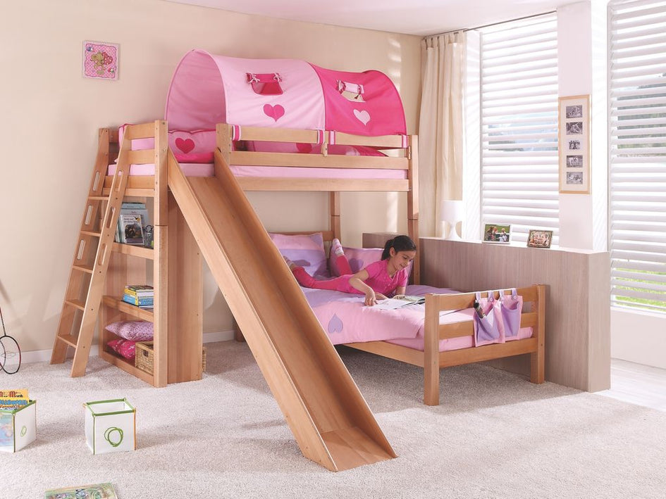 Etagenbett SKY Kinderbett mit Rutsche Spielbett Bett Natur Stoffset Pink/Herz - Froschkönig24