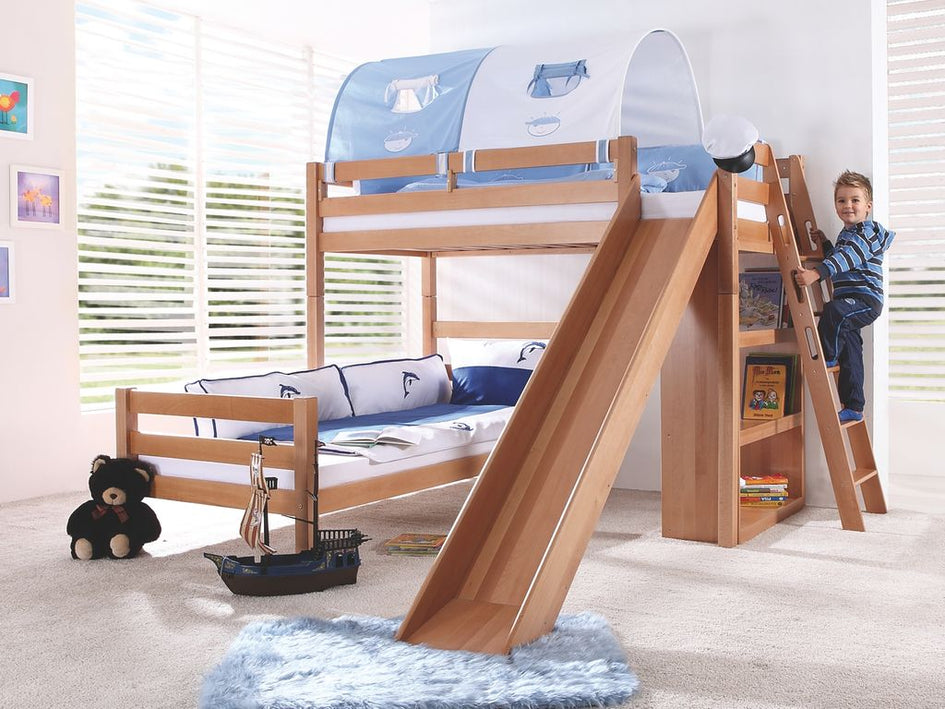 Etagenbett SKY Kinderbett mit Rutsche Spielbett Bett Natur Stoffset Blau/Boy - Froschkönig24