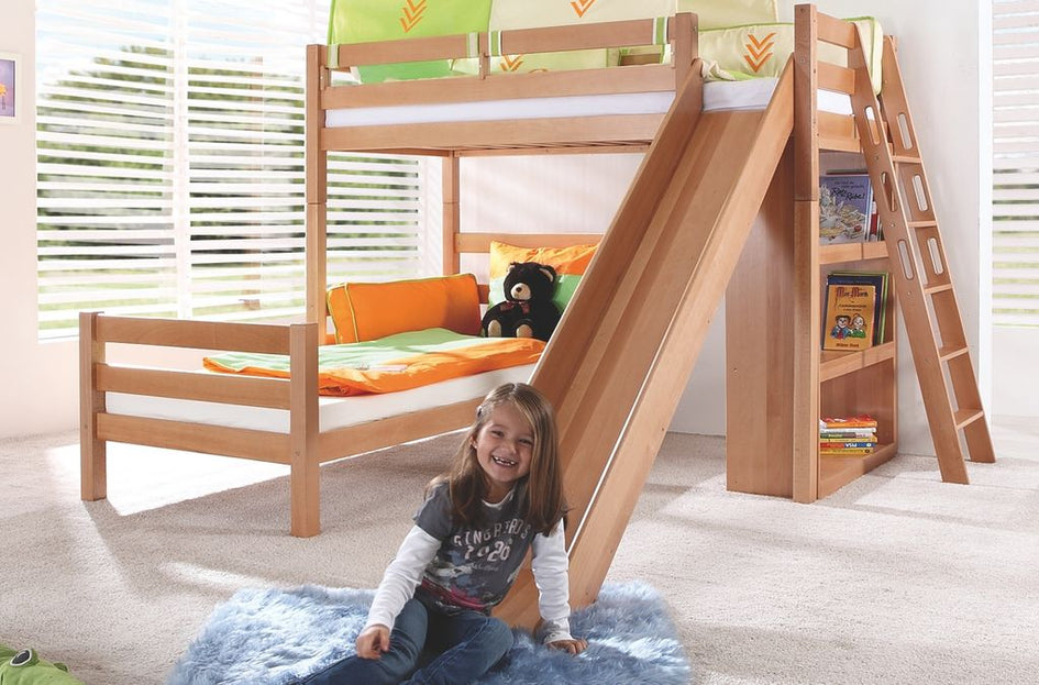 Etagenbett SKY Kinderbett mit Rutsche Spielbett Bett Natur Stoffset Blau/Rot - Froschkönig24