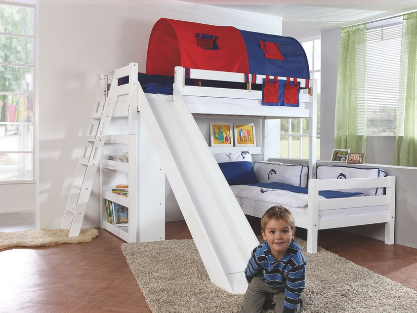 Etagenbett SKY Kinderbett mit Rutsche Spielbett Bett Weiß Stoffset Blau/Rot - Froschkönig24