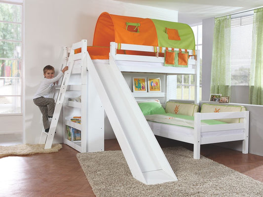 Etagenbett SKY Kinderbett mit Rutsche Spielbett Bett Weiß Stoffset Grün/Orange - Froschkönig24