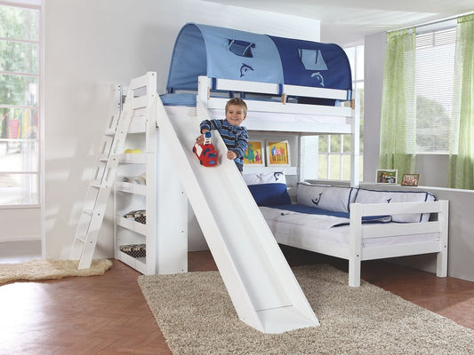 Etagenbett SKY Kinderbett mit Rutsche Spielbett Bett Weiß Stoffset Blau/Delfin - Froschkönig24