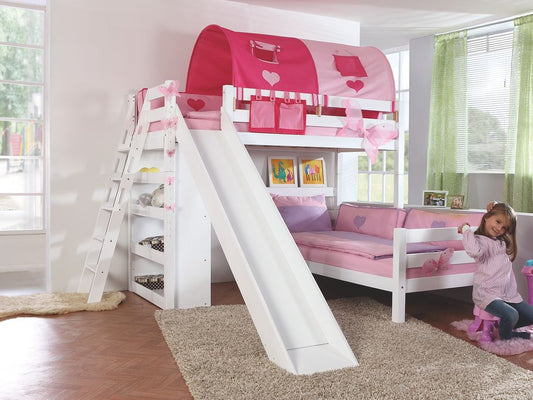 Etagenbett SKY Kinderbett mit Rutsche Spielbett Bett Weiß Stoffset Pink/Herz - Froschkönig24