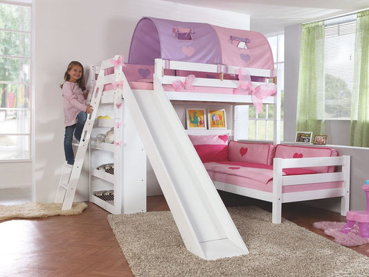 Etagenbett SKY Kinderbett mit Rutsche Spielbett Bett Weiß Stoffset Lila/Rosa - Froschkönig24