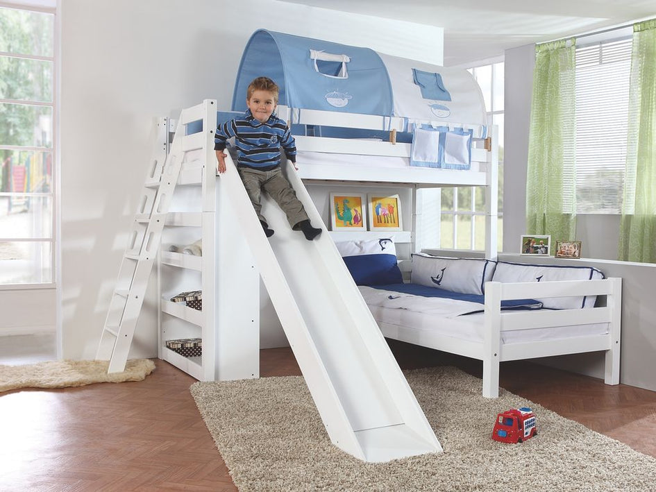 Etagenbett SKY Kinderbett mit Rutsche Spielbett Bett Weiß Stoffset Blau/Boy - Froschkönig24