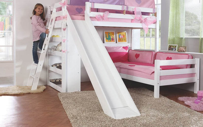 Etagenbett SKY Kinderbett mit Rutsche Spielbett Bett Weiß Stoffset Blau/Rot - Froschkönig24