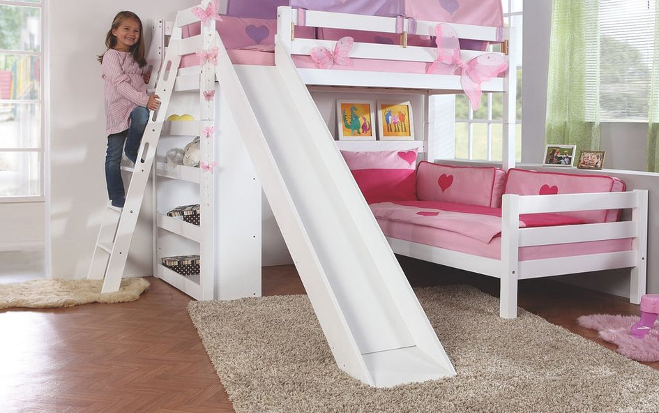 Etagenbett SKY Kinderbett mit Rutsche Spielbett Bett Weiß Stoffset Blau/Delfin - Froschkönig24