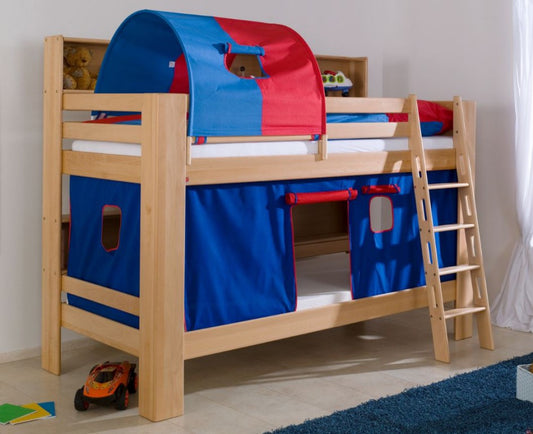 Etagenbett JAN Kinderbett Spielbett Bett mit Bücherregal Buche Blau/Rot - Froschkönig24