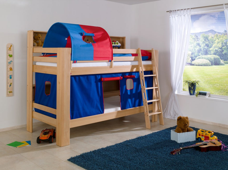 Etagenbett JAN Kinderbett Spielbett Bett mit Bücherregal Buche Blau/Rot - Froschkönig24