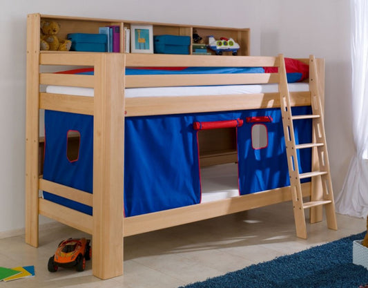 Etagenbett JAN Kinderbett Spielbett Bett mit Bücherregal Buche Blau/Rot - Froschkönig24