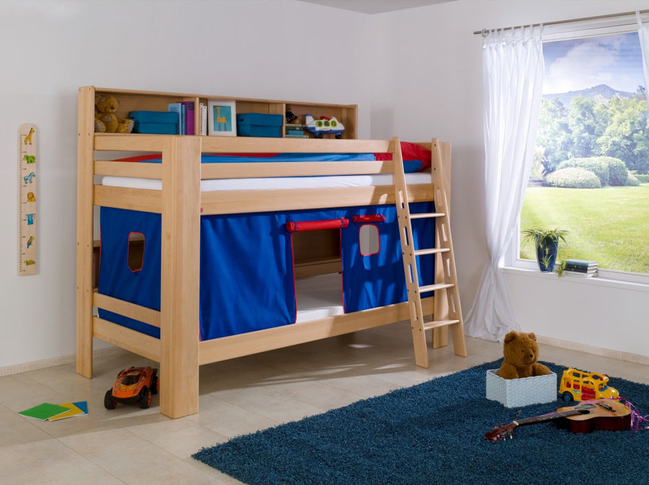 Etagenbett JAN Kinderbett Spielbett Bett mit Bücherregal Buche Blau/Rot - Froschkönig24