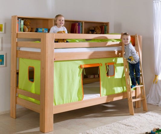 Etagenbett JAN Kinderbett Spielbett Bett mit Bücherregal Buche Grün/Orange - Froschkönig24