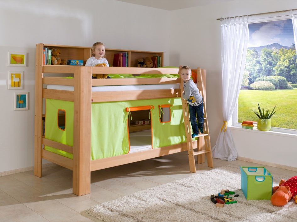 Etagenbett JAN Kinderbett Spielbett Bett mit Bücherregal Buche Grün/Orange - Froschkönig24