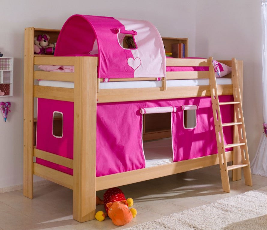 Etagenbett JAN Kinderbett Spielbett Bett mit Bücherregal Buche Herz Pink/Rosa - Froschkönig24