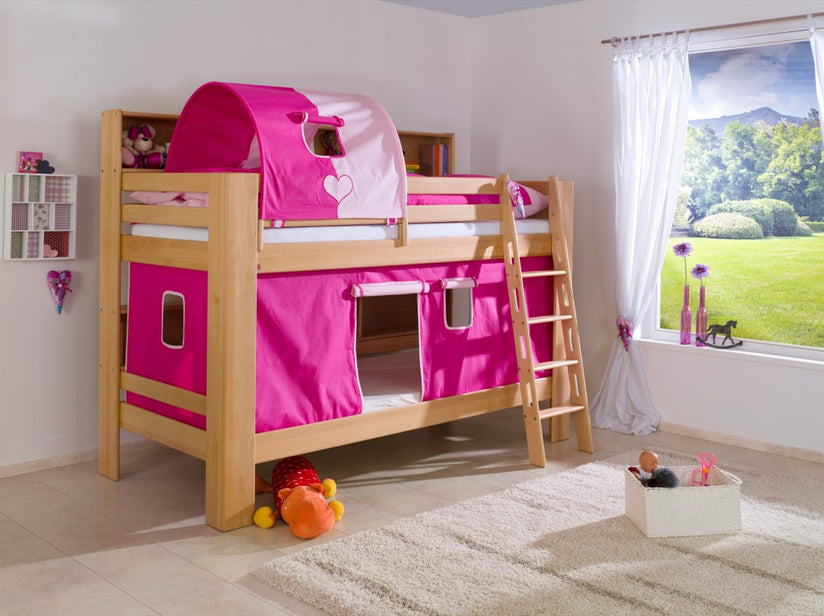 Etagenbett JAN Kinderbett Spielbett Bett mit Bücherregal Buche Herz Pink/Rosa - Froschkönig24