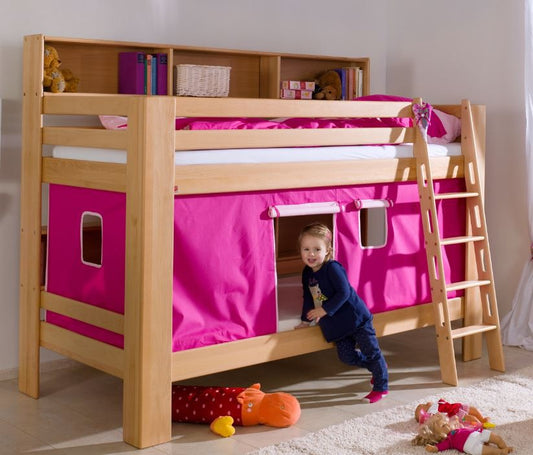 Etagenbett JAN Kinderbett Spielbett Bett mit Bücherregal Buche Pink/Rosa - Froschkönig24