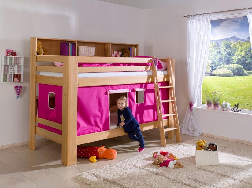 Etagenbett JAN Kinderbett Spielbett Bett mit Bücherregal Buche Pink/Rosa - Froschkönig24