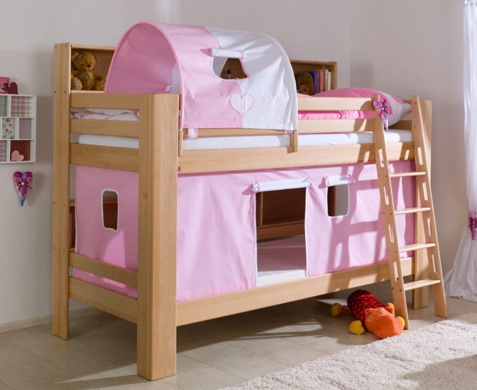 Etagenbett JAN Kinderbett Spielbett Bett mit Bücherregal Buche Herz Rosa/Weiß - Froschkönig24