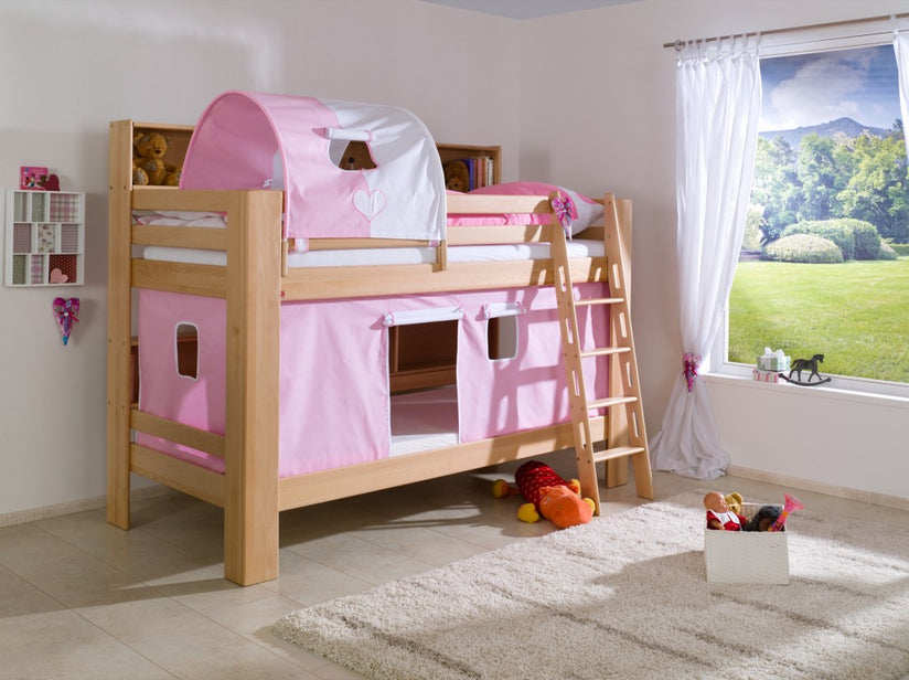 Etagenbett JAN Kinderbett Spielbett Bett mit Bücherregal Buche Herz Rosa/Weiß - Froschkönig24