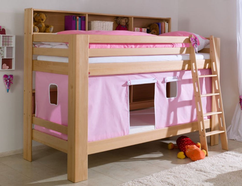 Etagenbett JAN Kinderbett Spielbett Bett mit Bücherregal Buche Rosa/Weiß - Froschkönig24