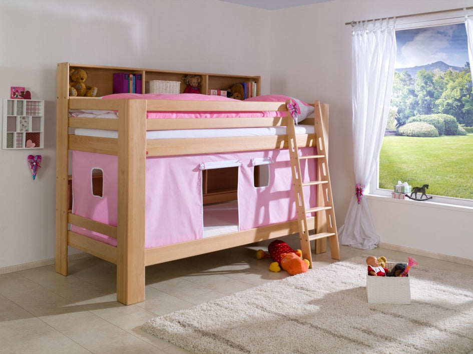 Etagenbett JAN Kinderbett Spielbett Bett mit Bücherregal Buche Rosa/Weiß - Froschkönig24