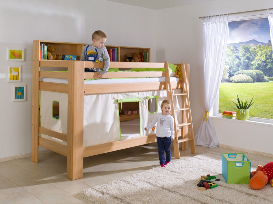 Etagenbett JAN Kinderbett Spielbett Bett mit Bücherregal Buche Weiß/Grün - Froschkönig24