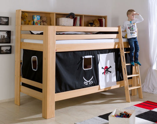 Etagenbett JAN Kinderbett Spielbett Bett mit Bücherregal Buche Pirat Schwarz/Weiß - Froschkönig24