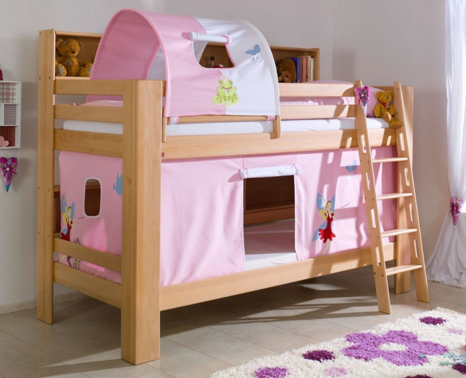 Etagenbett JAN Kinderbett Spielbett Bett mit Bücherregal Buche Prinzessin Rosa/Weiß - Froschkönig24