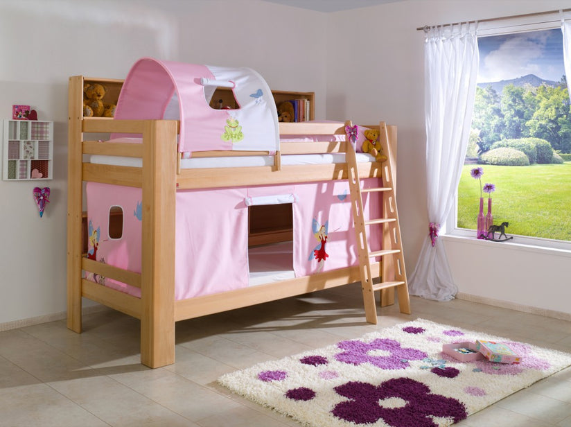 Etagenbett JAN Kinderbett Spielbett Bett mit Bücherregal Buche Prinzessin Rosa/Weiß - Froschkönig24