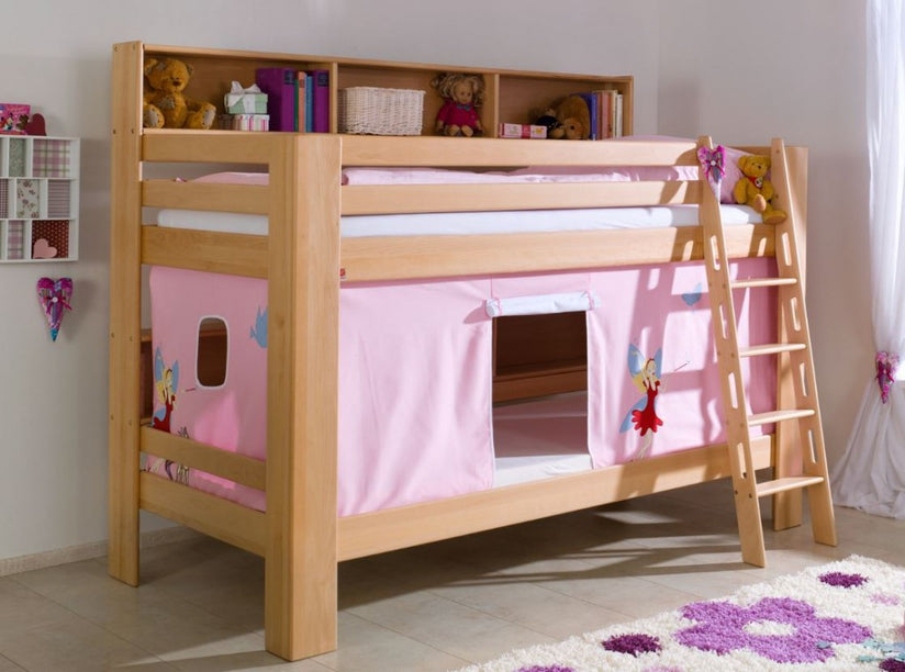 Etagenbett JAN Kinderbett Spielbett Bett mit Bücherregal Buche Prinzessin Rosa/Weiß - Froschkönig24