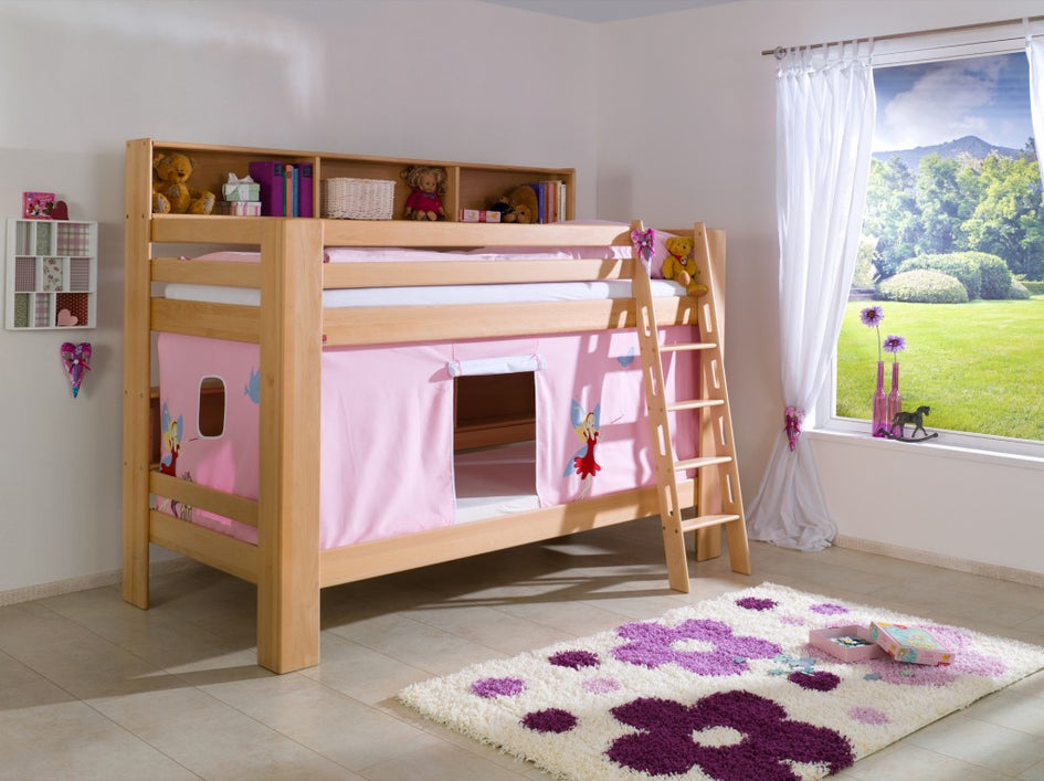 Etagenbett JAN Kinderbett Spielbett Bett mit Bücherregal Buche Prinzessin Rosa/Weiß - Froschkönig24