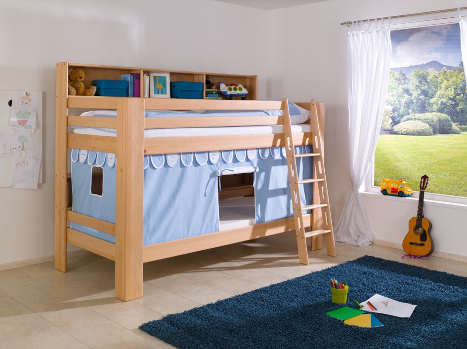 Etagenbett JAN Kinderbett Spielbett Bett mit Bücherregal Buche Blau/Weiß - Froschkönig24