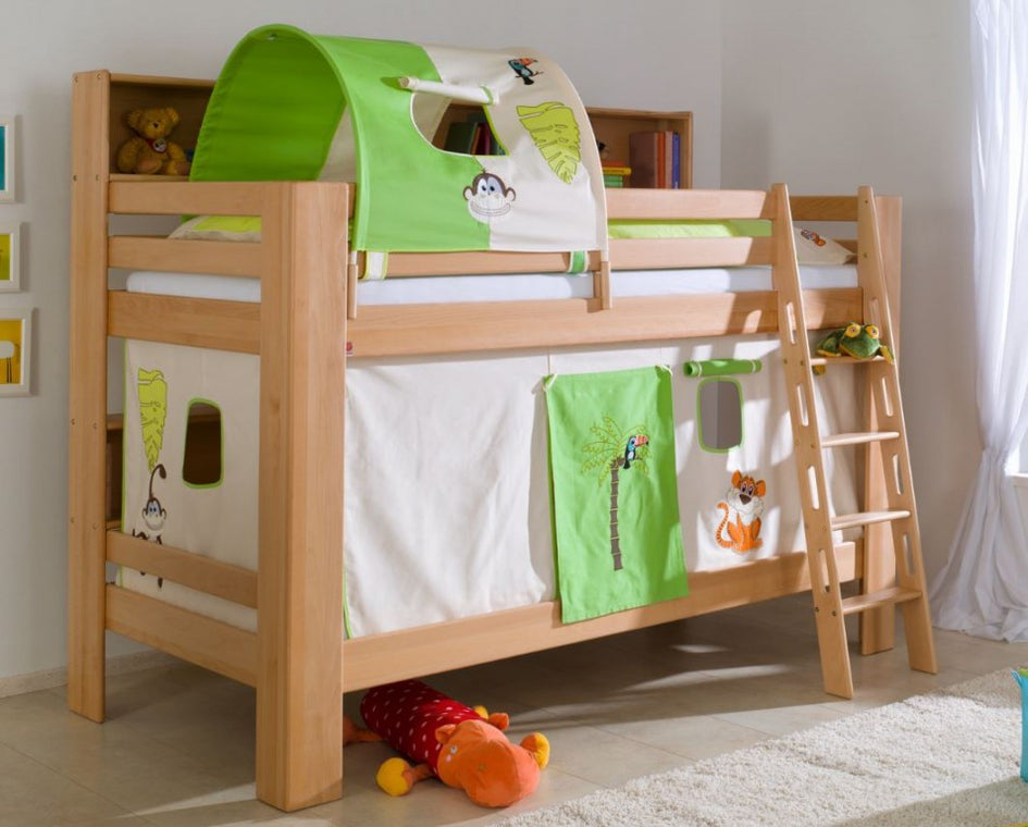 Etagenbett JAN Kinderbett Spielbett Bett mit Bücherregal Buche Dschungel Beige/Grün - Froschkönig24