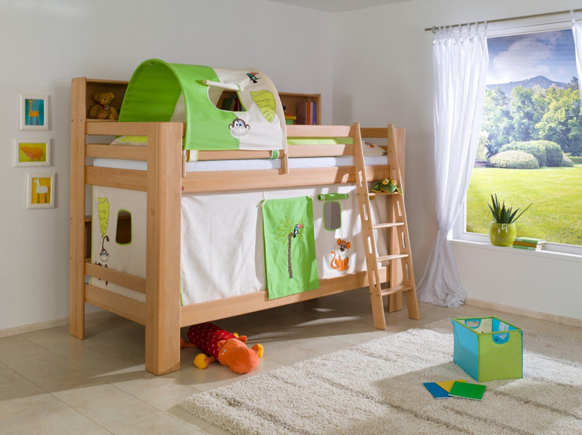 Etagenbett JAN Kinderbett Spielbett Bett mit Bücherregal Buche Dschungel Beige/Grün - Froschkönig24