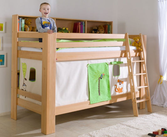 Etagenbett JAN Kinderbett Spielbett Bett mit Bücherregal Buche Dschungel Beige/Grün - Froschkönig24