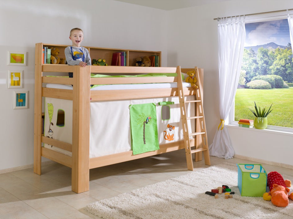 Etagenbett JAN Kinderbett Spielbett Bett mit Bücherregal Buche Dschungel Beige/Grün - Froschkönig24