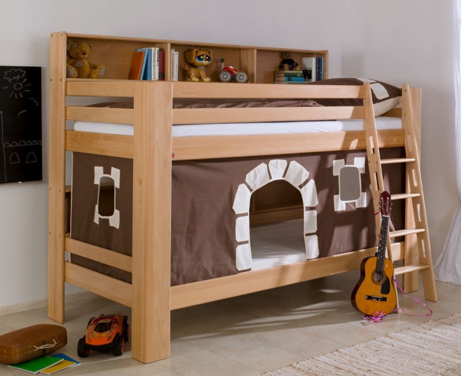 Etagenbett JAN Kinderbett Spielbett Bett mit Bücherregal Buche Burg Braun/Weiß - Froschkönig24