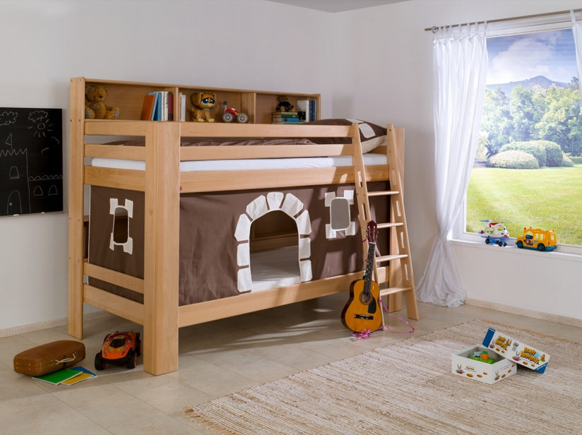 Etagenbett JAN Kinderbett Spielbett Bett mit Bücherregal Buche Burg Braun/Weiß - Froschkönig24