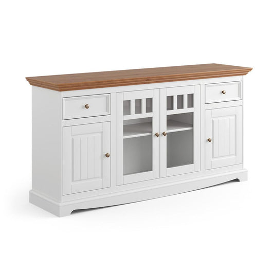 Belluno Elegante Massivholz Sideboard mit 2 Glastüren Weiß / Eiche